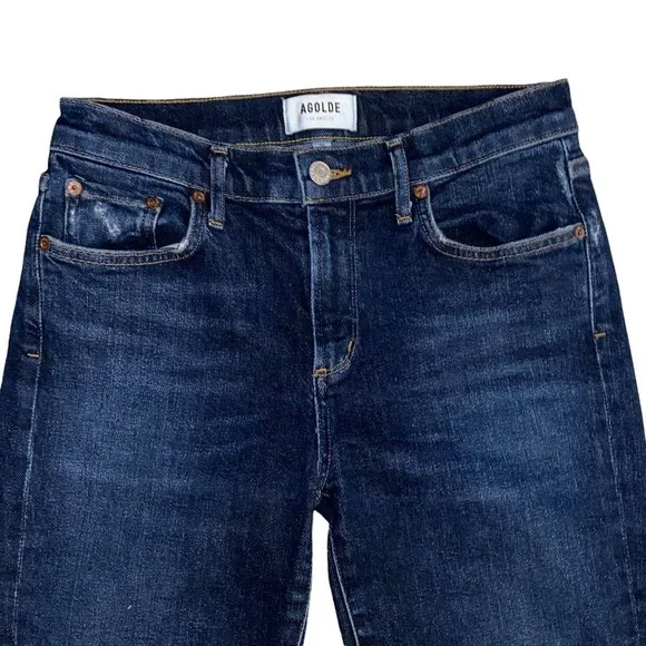 AGOLDE Sophie Dark Blue Wash Denim High Rise Raw Hem Crop Skinny Jeans Size 26 - Picture 2 of 11